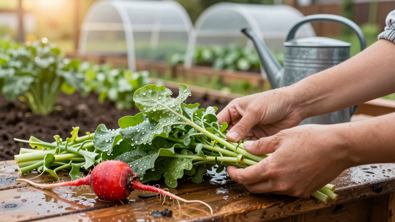 Manos cosechando hojas verdes y un rábano en un huerto, con regadera y túneles de cultivo al fondo.