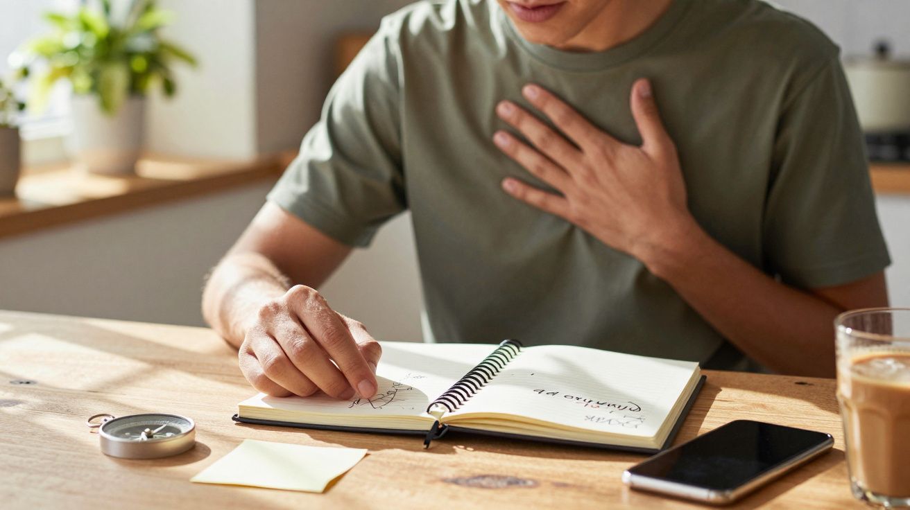 Persona escribiendo en un cuaderno con una mano en el pecho. Cerca hay un vaso, un móvil y una brújula sobre la mesa.