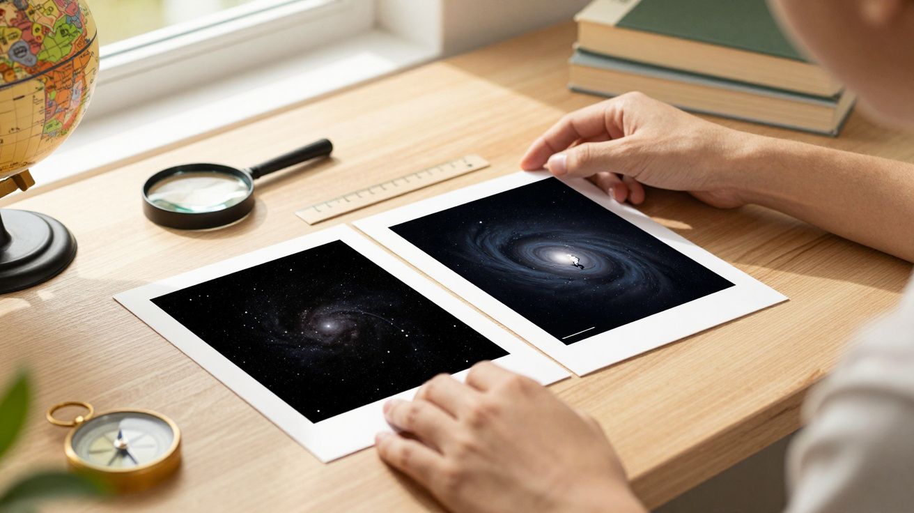 Manos observando fotos de galaxias sobre una mesa de madera junto a lupa, brújula y libros.