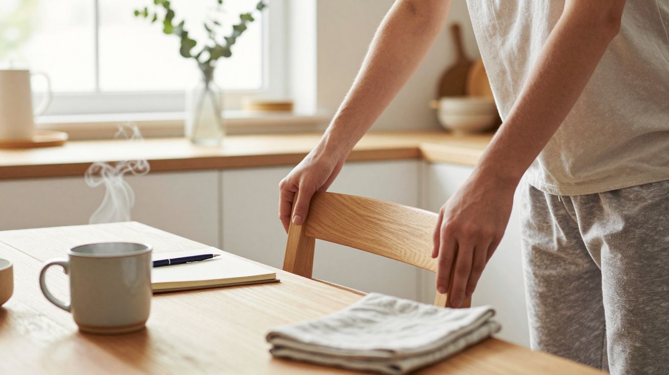 Persona ajustando una silla junto a una mesa con café, cuaderno y trapo en una cocina iluminada.