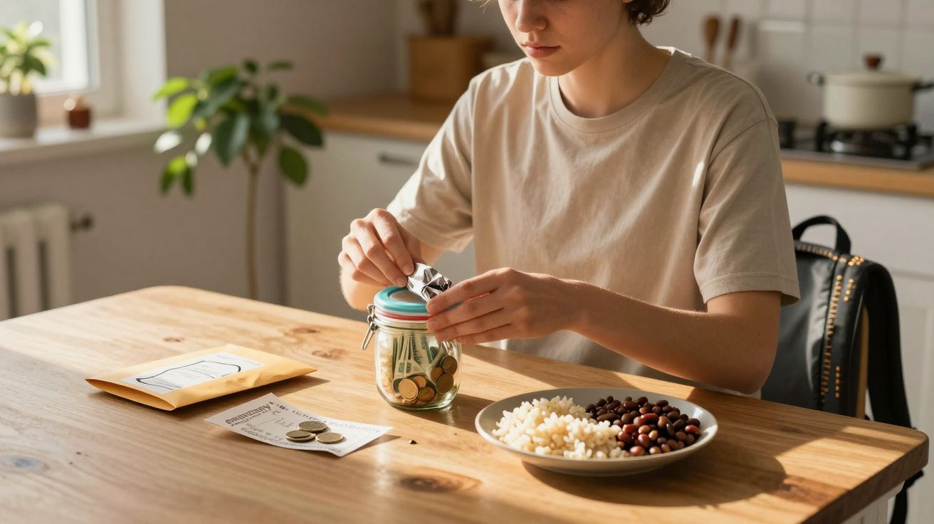Persona en una mesa con un tarro de monedas y un plato de arroz y frijoles. Sobrecitos y monedas en la mesa.