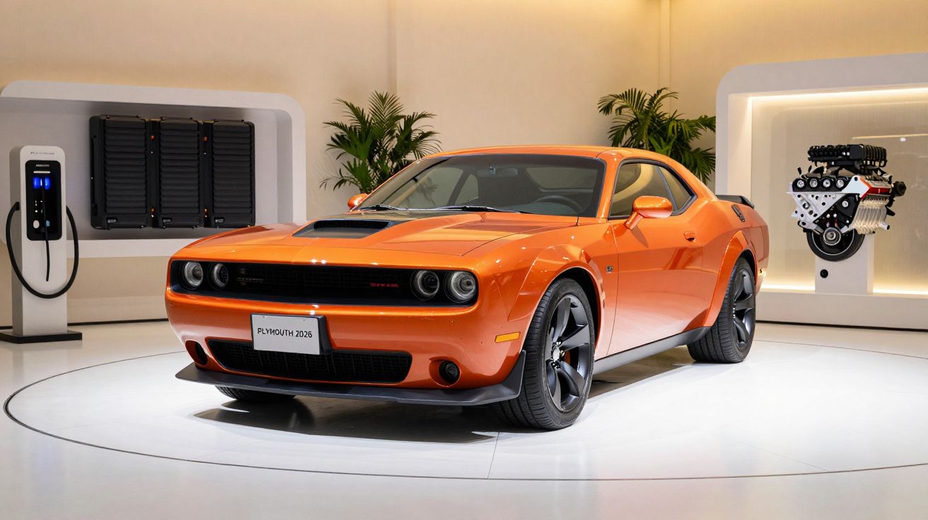 Coche deportivo naranja en exhibición, rodeado de plantas, un motor y una estación de carga en un entorno moderno.