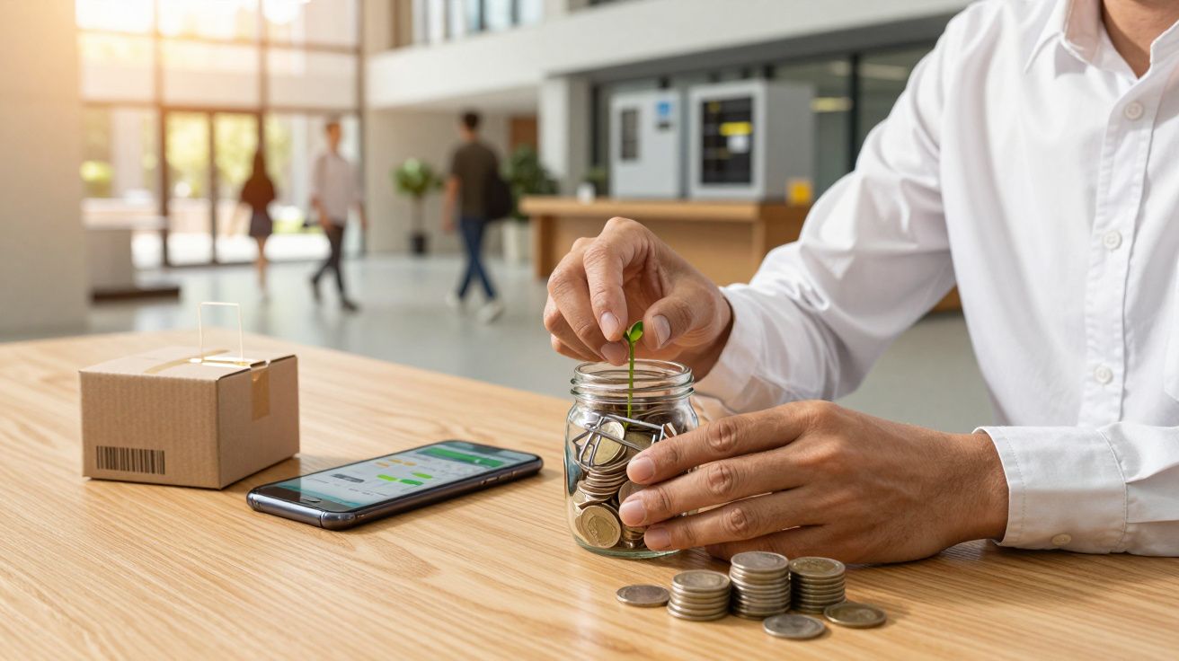 Mano insertando una moneda en un tarro lleno de monedas sobre una mesa de oficina, junto a un móvil y una caja.