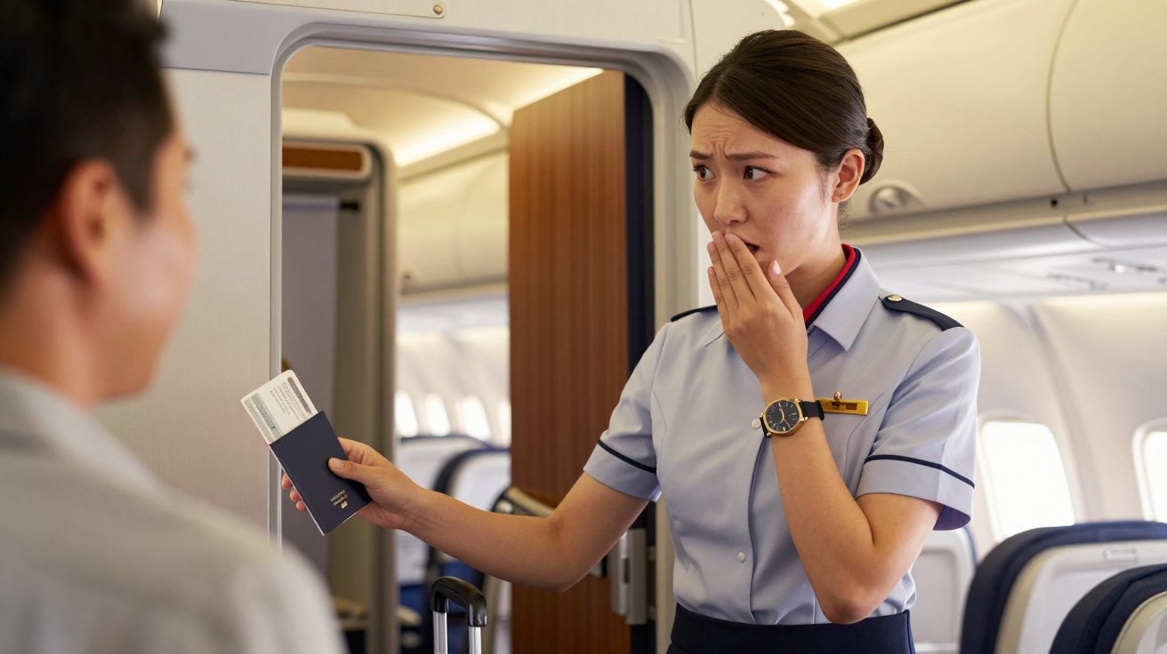 Asistente de vuelo sorprendida, de pie en el pasillo de un avión, revisando el pasaporte de un pasajero.