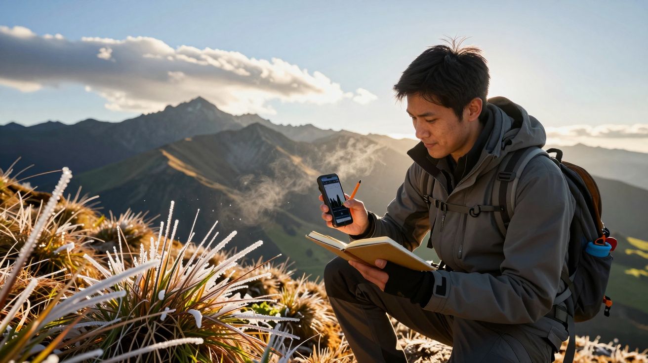 Hombre en una montaña nevada, tomando notas en un cuaderno mientras sostiene un móvil, al amanecer.