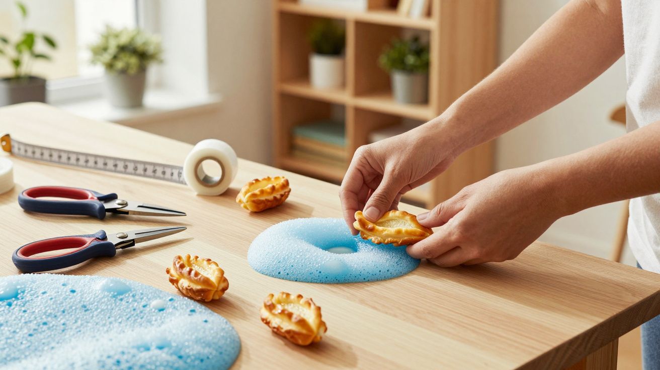 Persona colocando empanadillas sobre espuma azul en una mesa, rodeada de herramientas, cinta métrica y rollo de cinta adhesiv