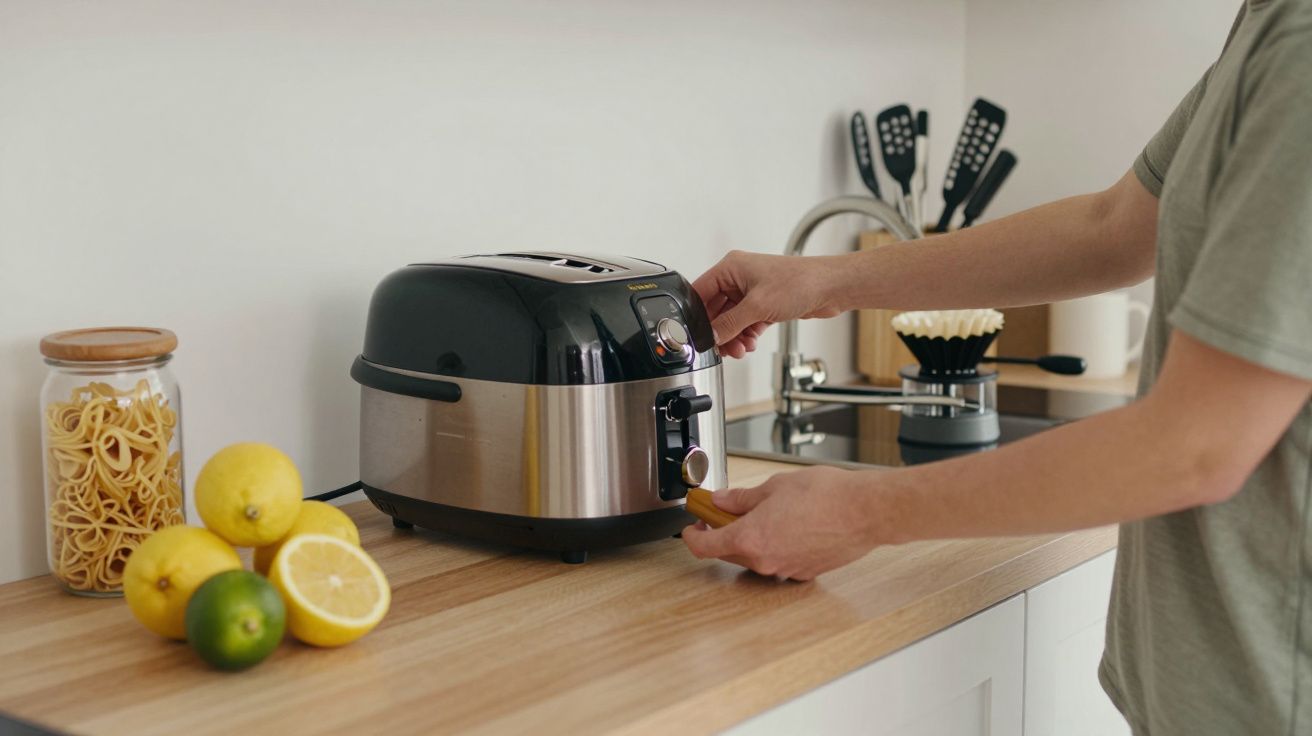 Persona ajustando una freidora de aire en la cocina, con limones y pasta en el mostrador.