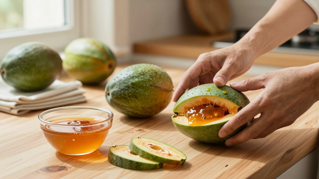 Manos cortando una papaya verde en rodajas sobre una mesa de cocina, junto a un tazón de miel.
