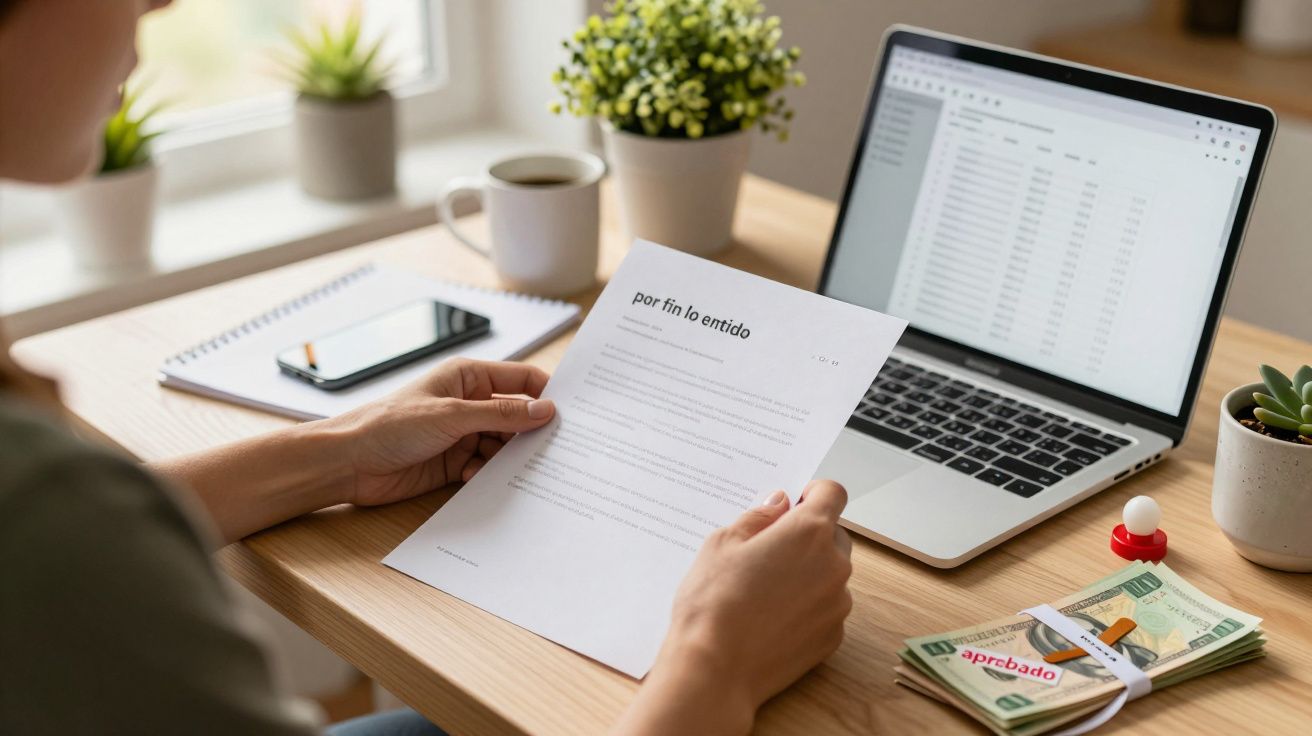 Persona leyendo un documento en un escritorio con portátil, notas, taza y planta. Billetes de dólar y sello "aprobado".