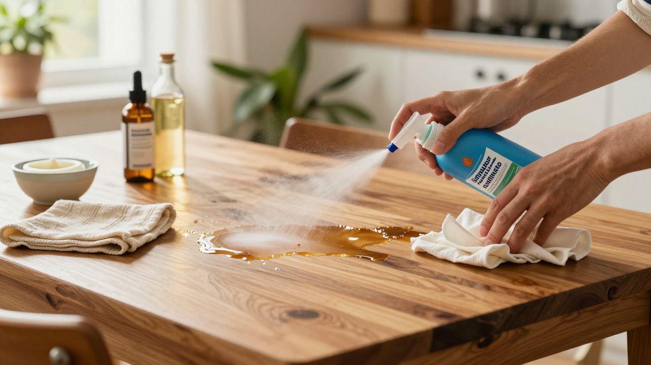 Manos limpiando una mesa de madera con spray desinfectante y paño, junto a botellas y trapo plegado.
