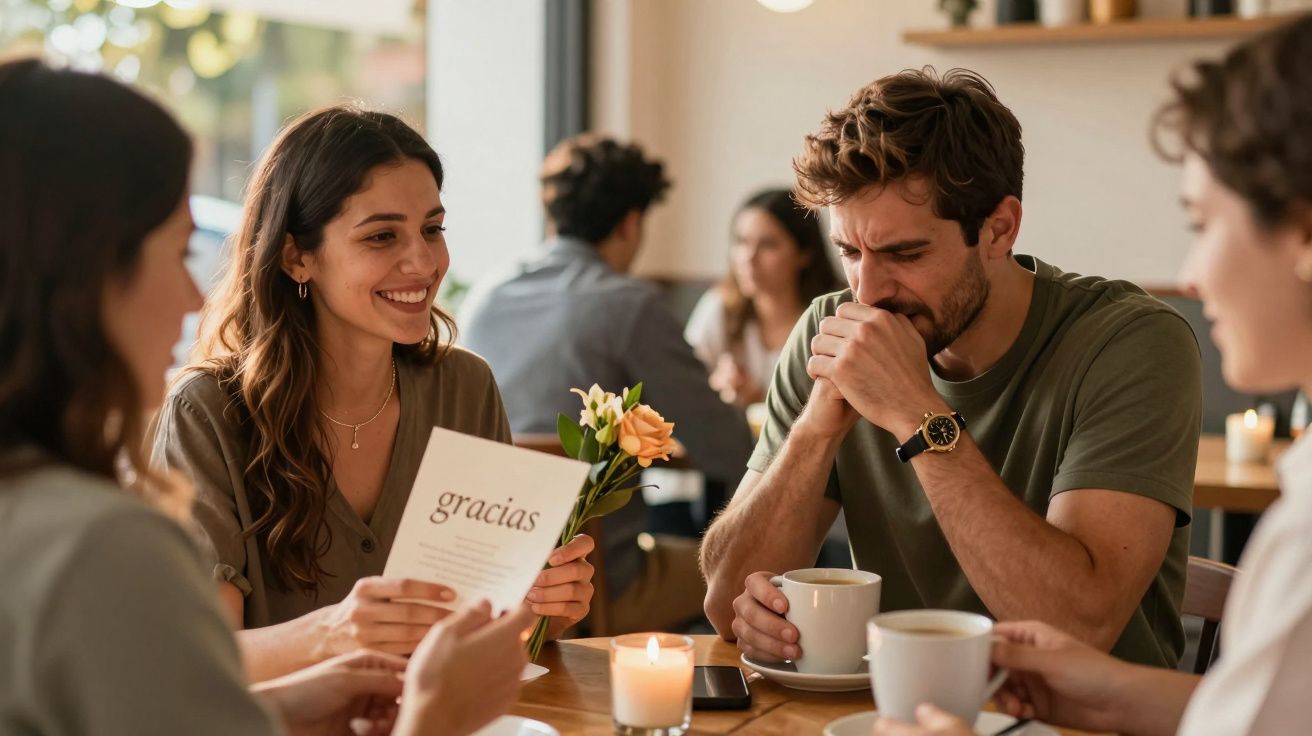 Cuatro personas conversan en una cafetería. Una mujer sonriente sostiene una tarjeta que dice "gracias".