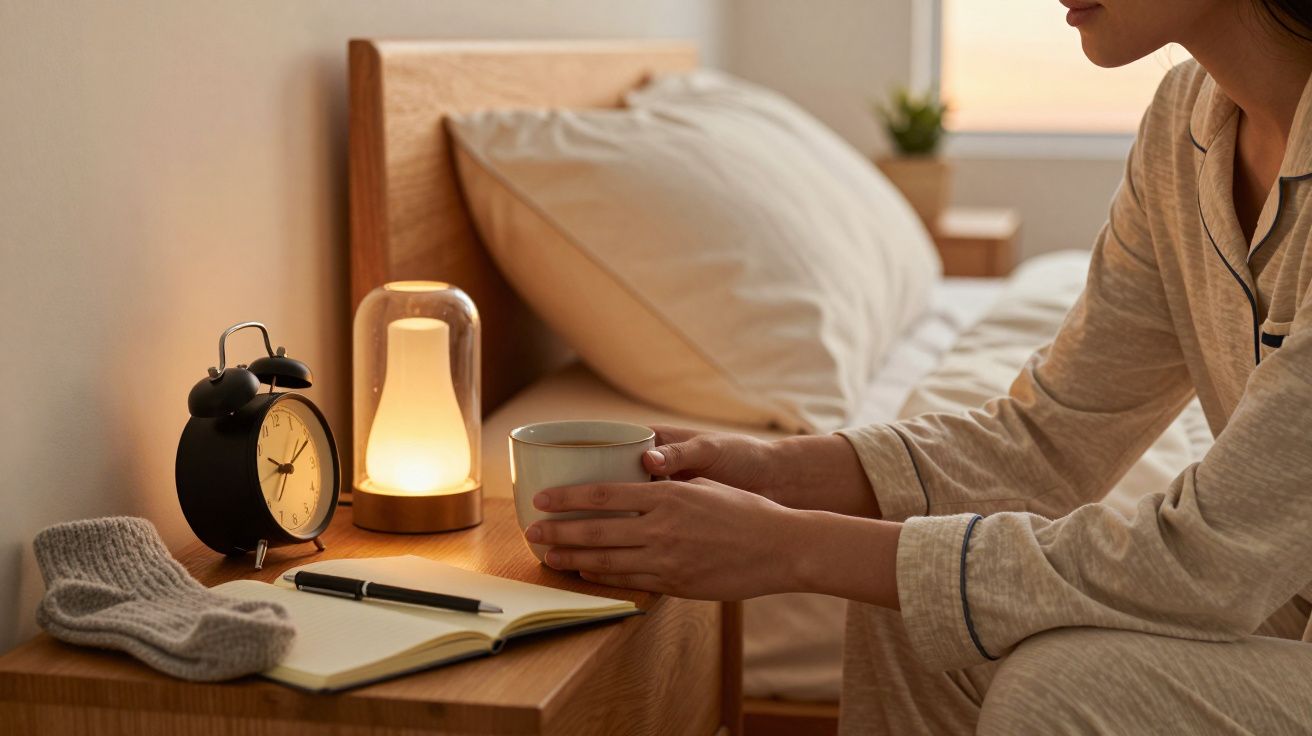 Persona en pijama sentada en la cama sosteniendo una taza junto a una mesita con despertador, lámpara y cuaderno.