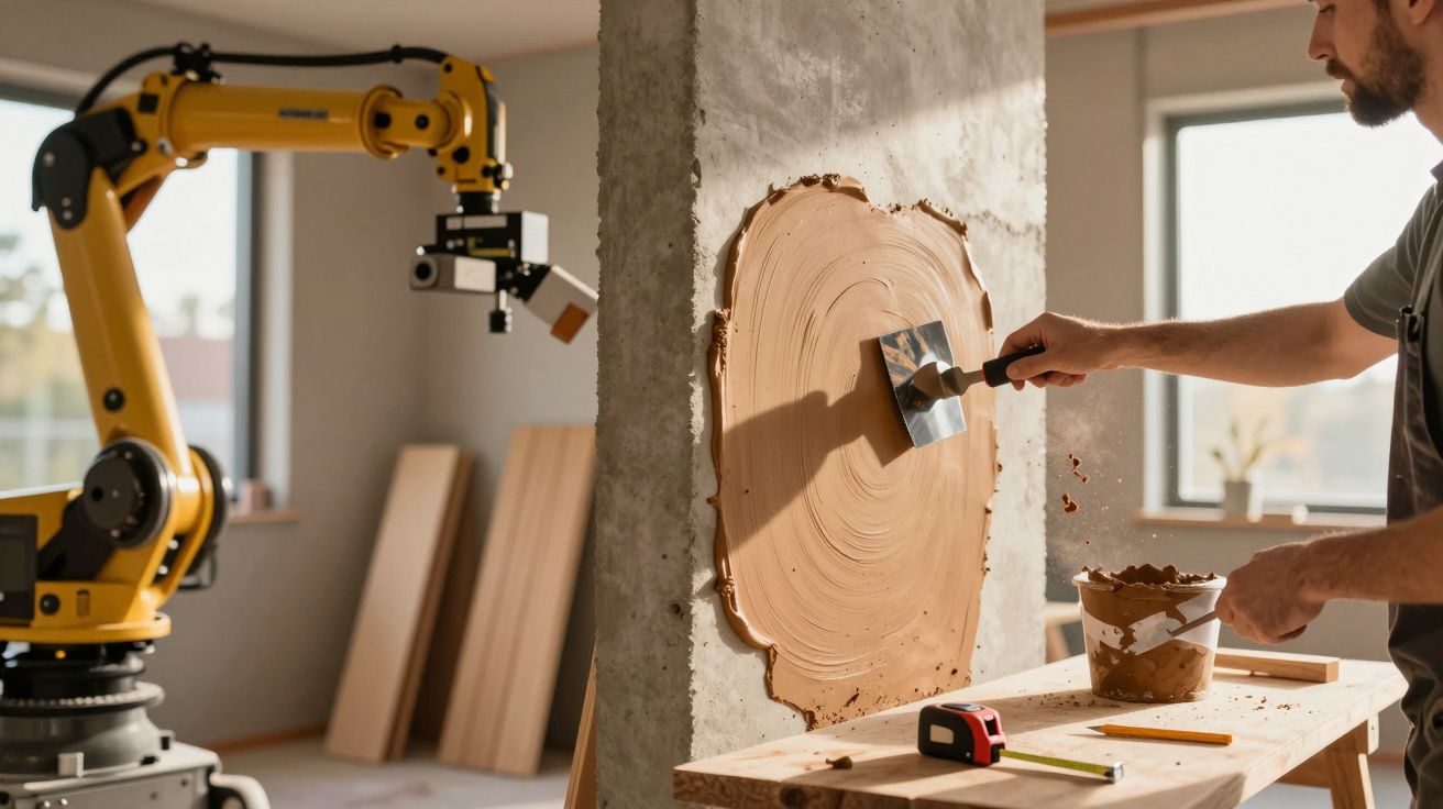 Hombre aplica yeso en una pared con una espátula mientras un robot observa en un taller iluminado por la luz solar.