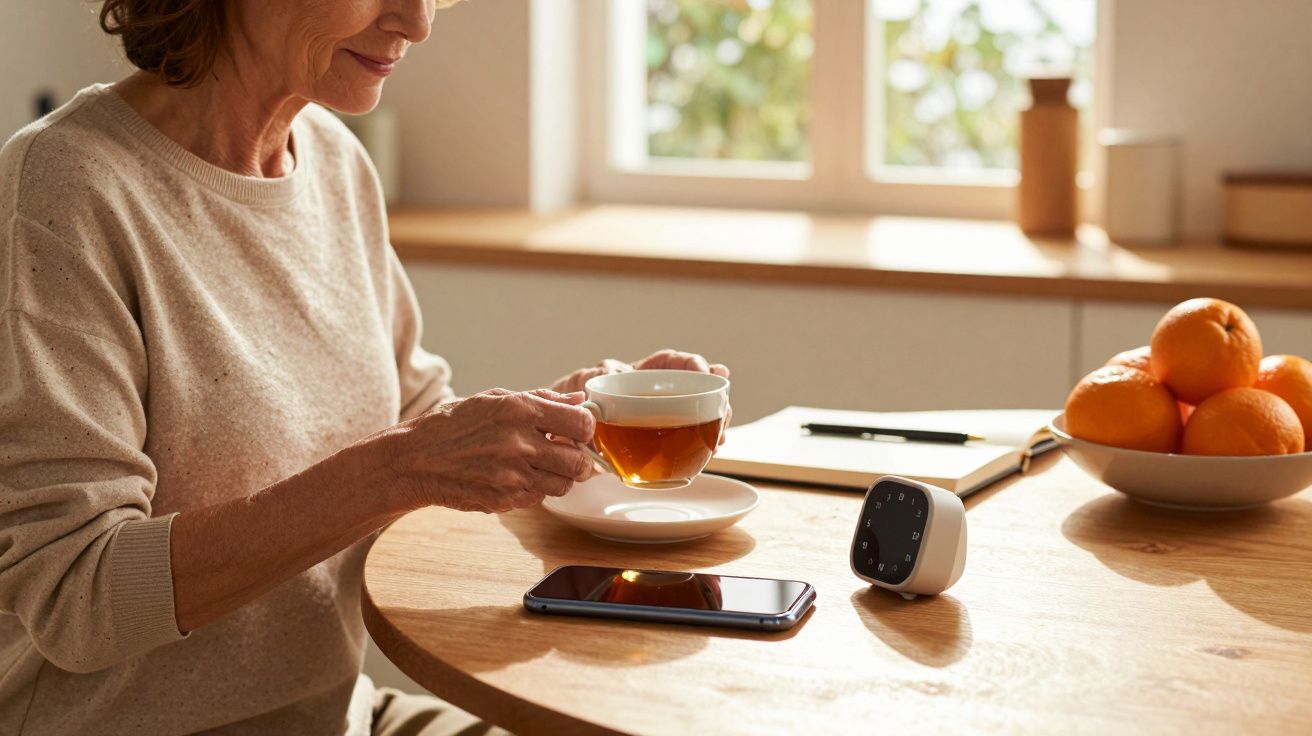 Mujer tomando té en la cocina, junto a un teléfono y un dispositivo inteligente sobre la mesa con naranjas.