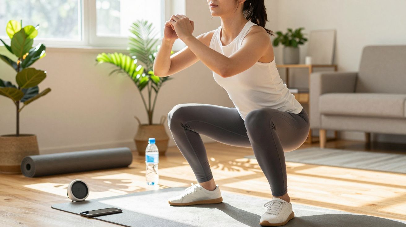 Mujer haciendo ejercicio en casa, realizando sentadillas con ropa deportiva en un salón luminoso.
