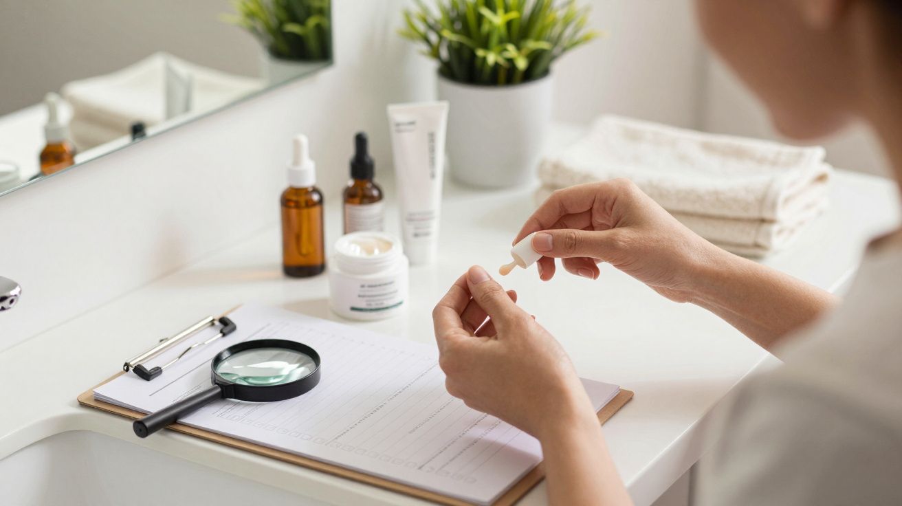 Persona sosteniendo un gotero en un baño, con productos de cuidado de la piel sobre una encimera y una planta decorativa.