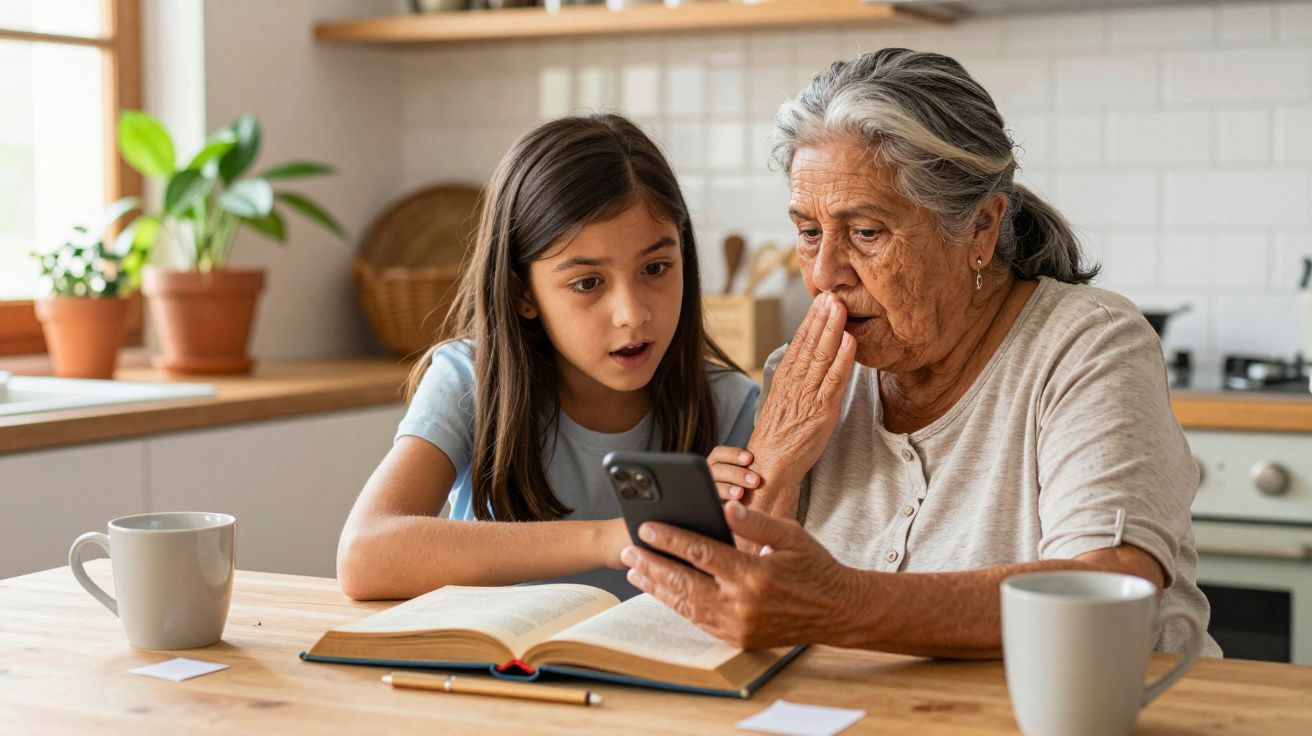 Niña y abuela mirando un móvil en la cocina, con un libro abierto sobre la mesa y dos tazas junto a ellas.