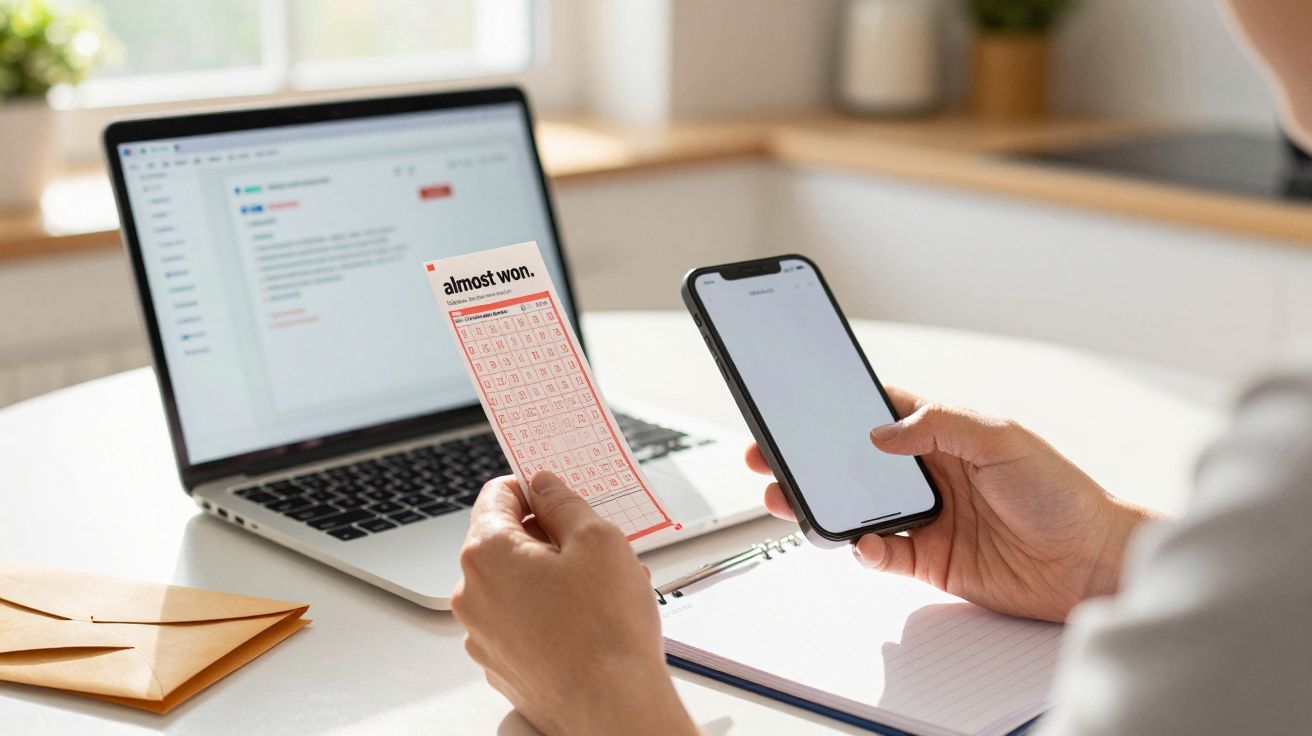 Persona con móvil y hoja delante de un portátil.