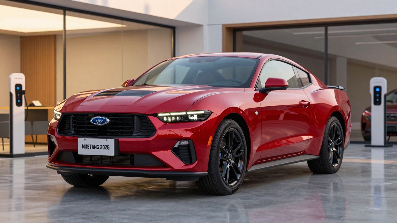 Coche deportivo rojo en un garaje moderno, visto desde el frente en un entorno luminoso y elegante.