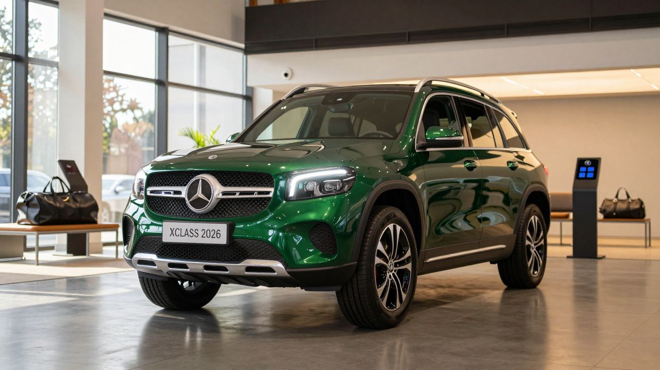 Coche SUV verde Mercedes-Benz en exposición interior, con matrícula XCLASS 2026 visible.