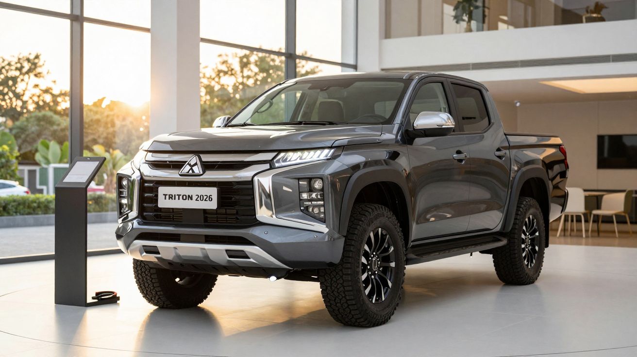 Camioneta pickup gris oscuro expuesta en un showroom luminoso con jardín exterior al atardecer.