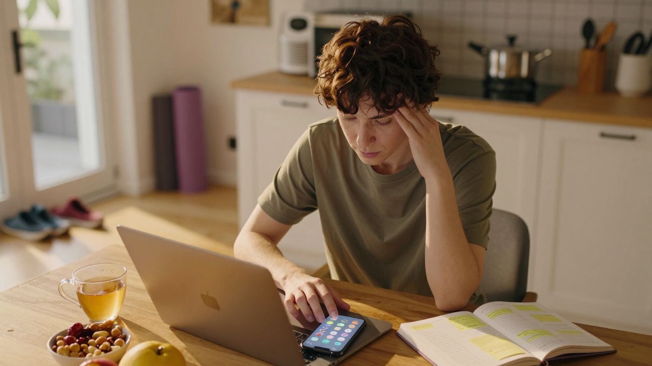 Persona trabajando concentrada en un portátil en una cocina, con un libro abierto, un móvil y una taza de té al lado.