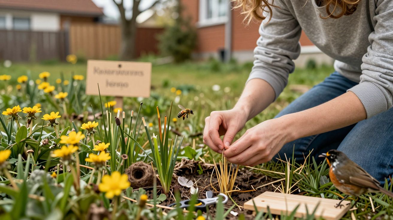 Persona plantando en un jardín con flores amarillas y un cartel. Un pájaro y una abeja están cerca.