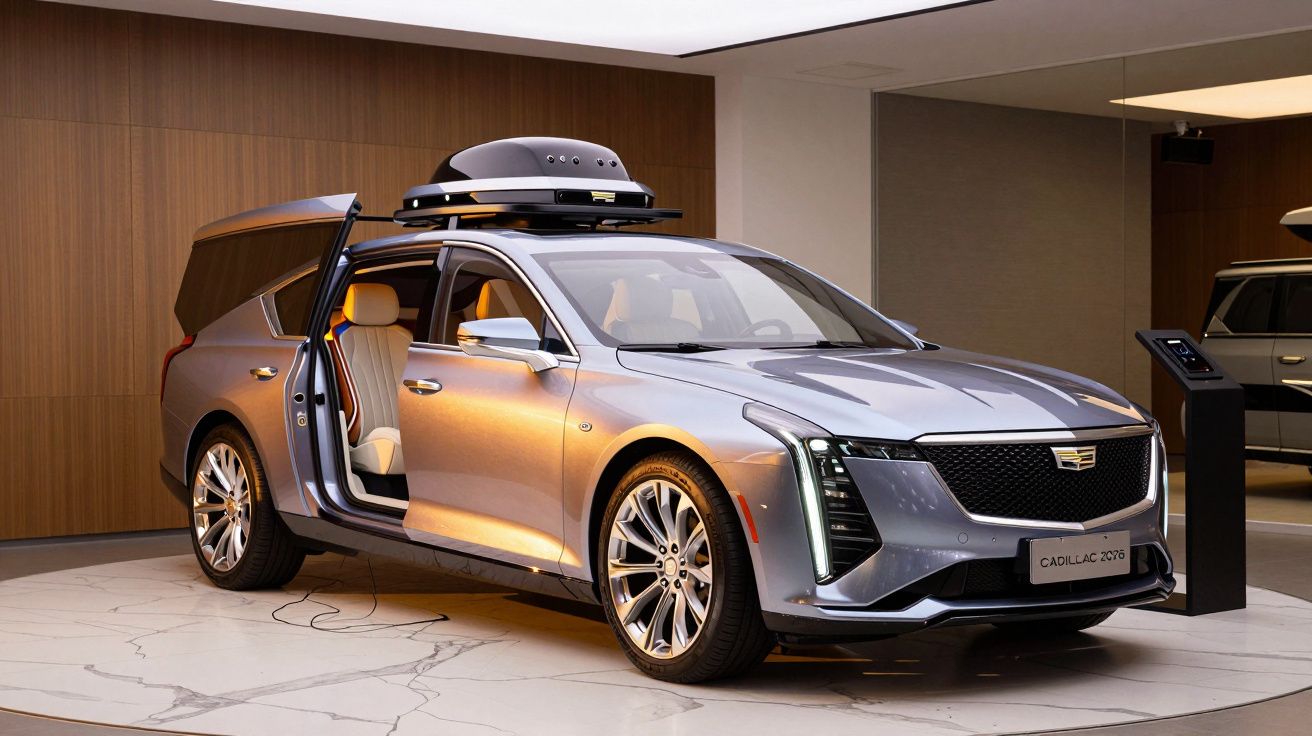 Coche Cadillac plateado con techo panorámico y puerta lateral abierta en un entorno moderno.