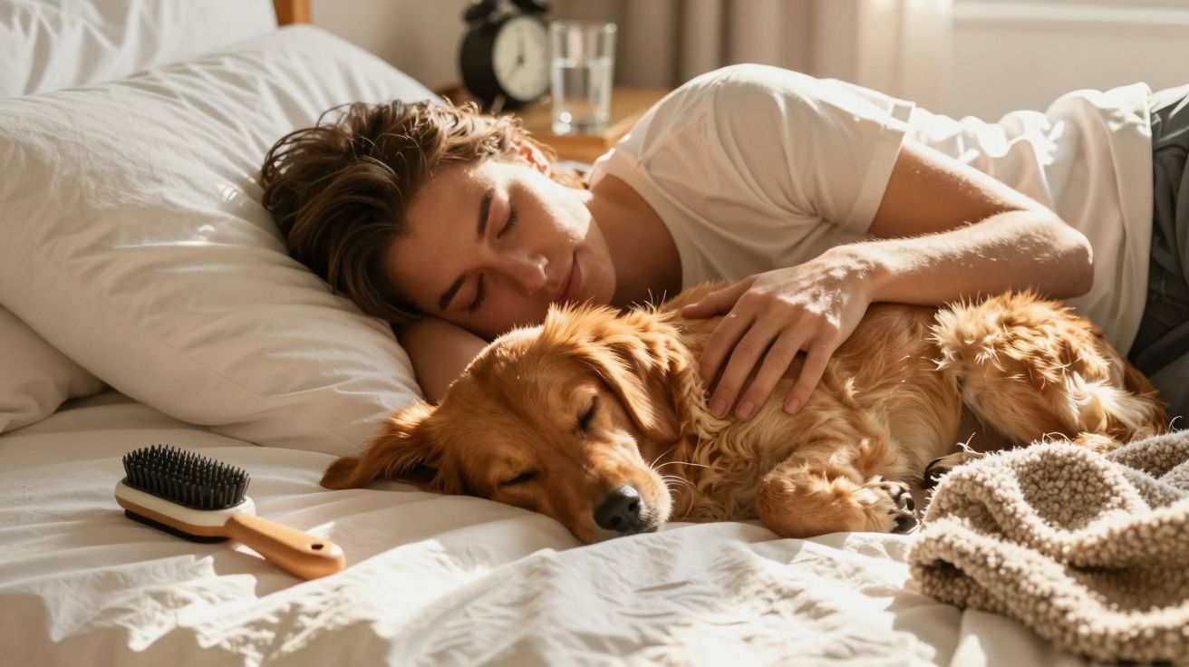 Persona durmiendo en cama junto a un perro dorado, con un cepillo de pelo sobre la manta y un despertador al fondo.