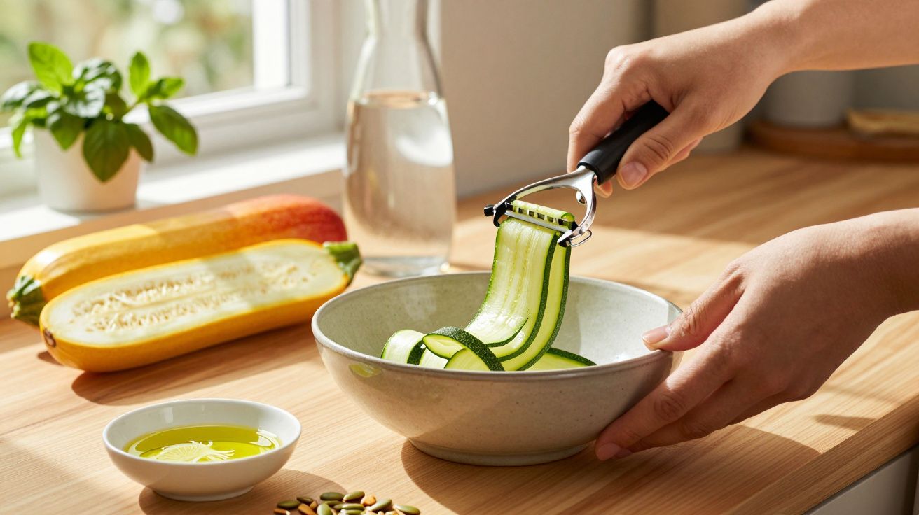 Manos cortando calabacín en rodajas sobre un cuenco en una cocina, junto a calabaza, agua, aceite y pipas.