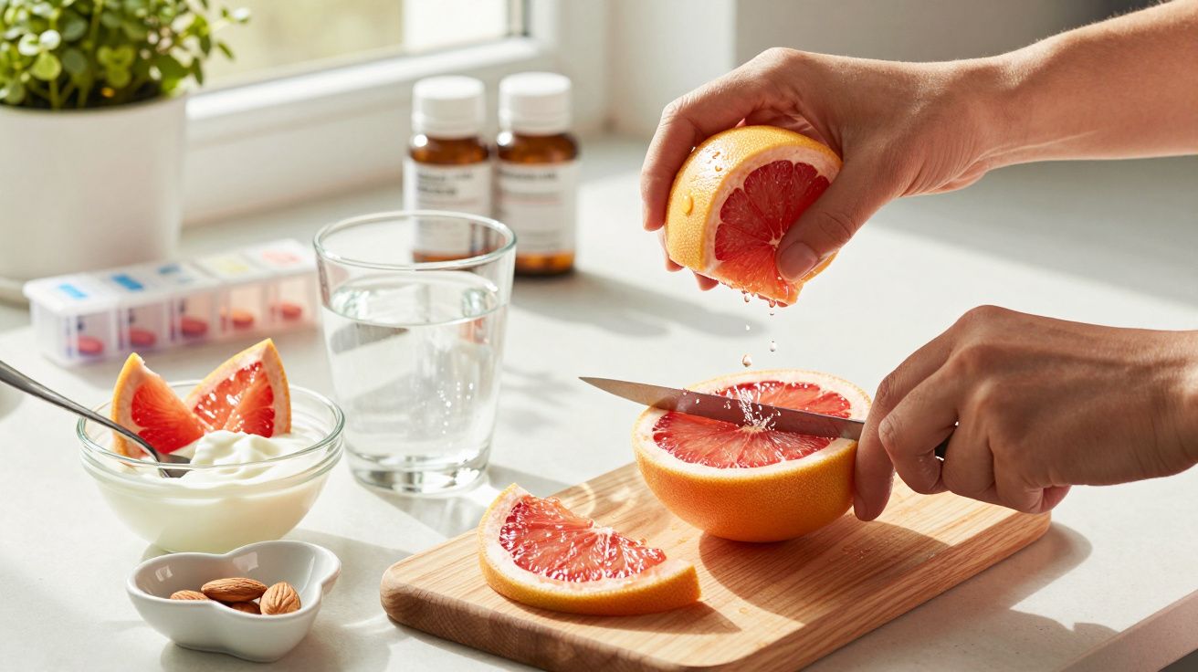 Manos cortando pomelo sobre tabla de madera, junto a yogur, almendras, agua y pastilleros, en una cocina iluminada.