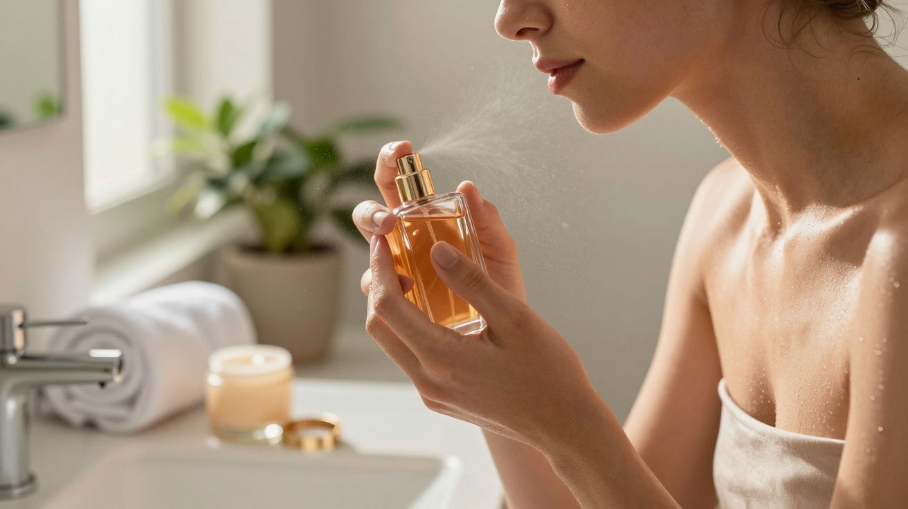 Mujer aplicando perfume en un baño iluminado por el sol, con toallas y plantas en el fondo.