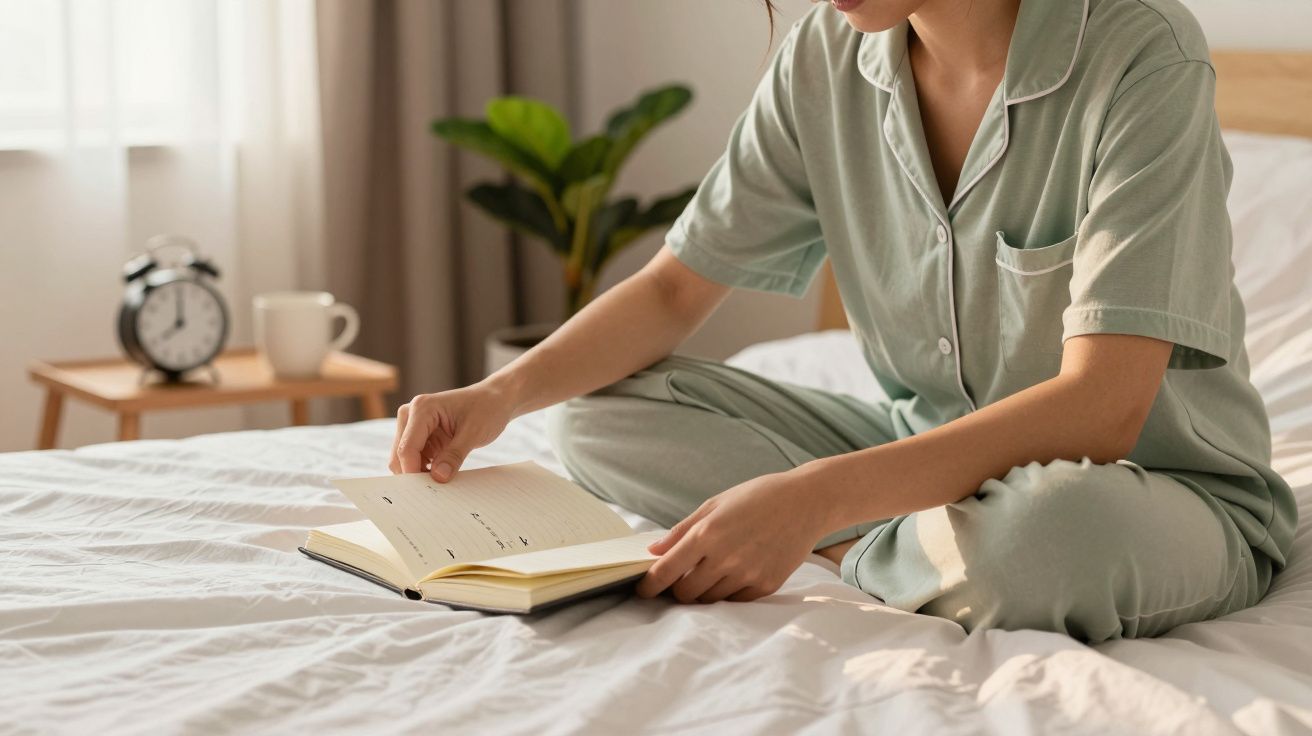 Mujer en pijama verde leyendo un libro en la cama, con una planta y un reloj en la mesita de noche al fondo.