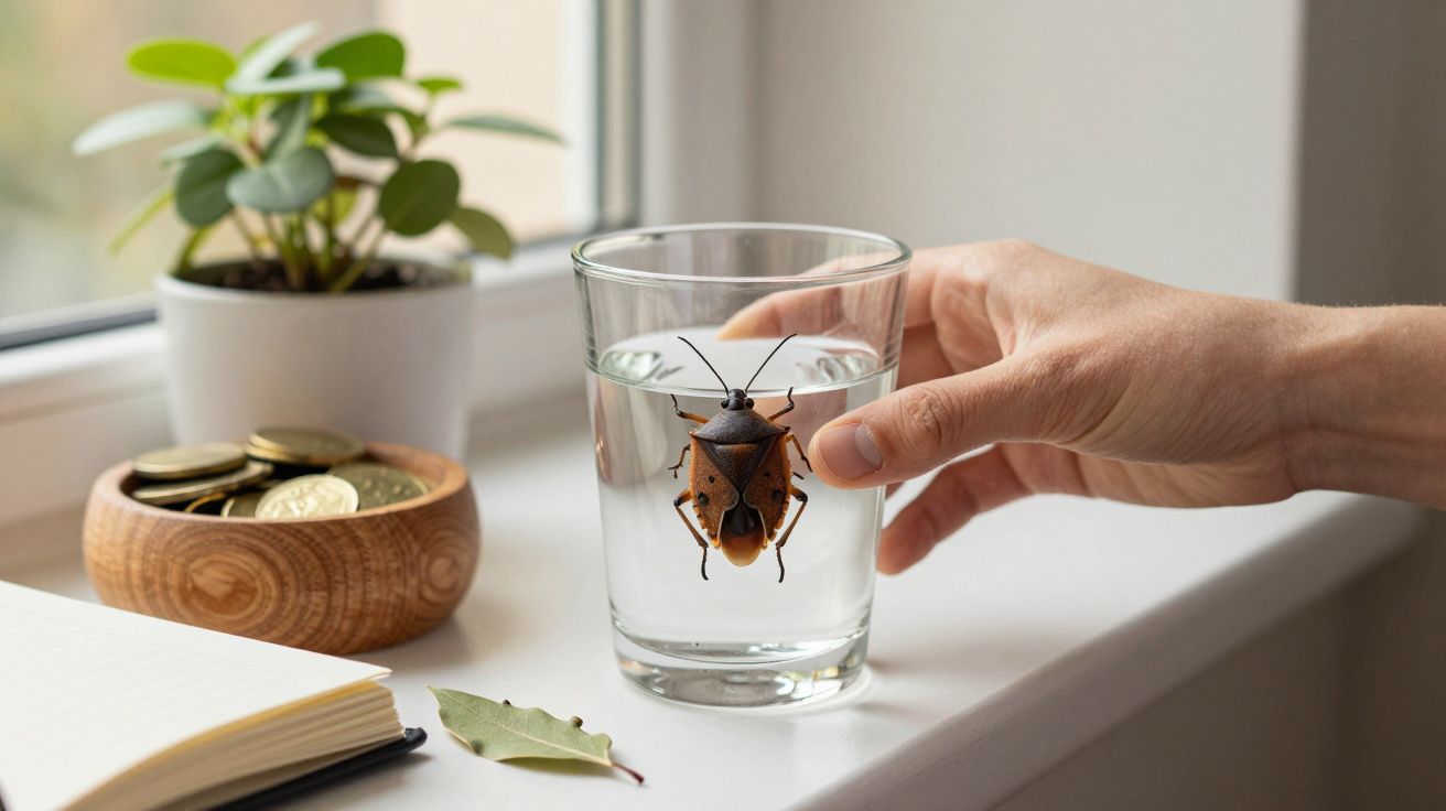 Mano sosteniendo un vaso con un insecto, junto a una planta y monedas en una repisa.