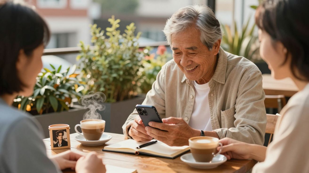 Hombre mayor sonríe mientras usa su móvil en una cafetería con dos personas, rodeado de plantas y tazas de café.