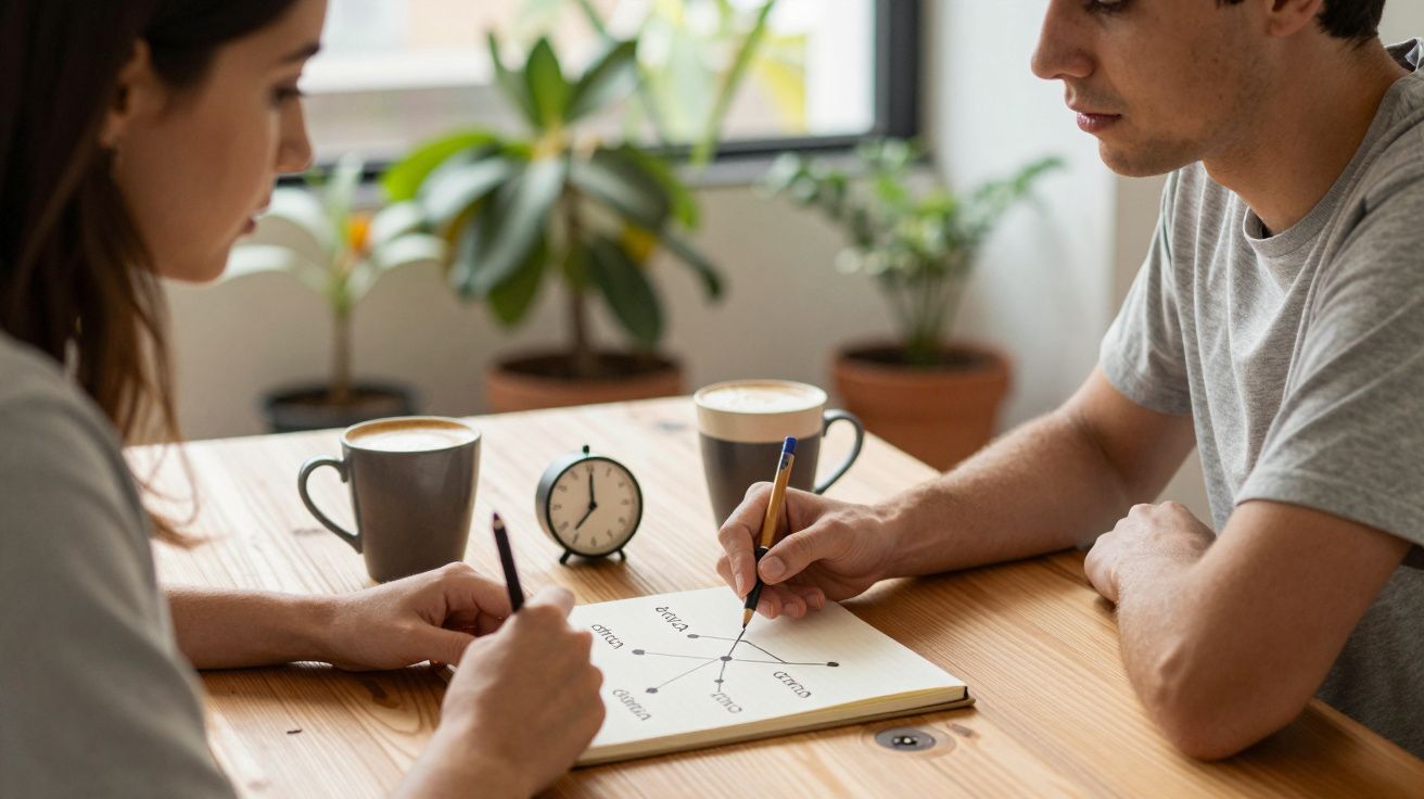 Dos personas escriben en un bloc, con tazas de café y un reloj en una mesa, plantas de fondo.