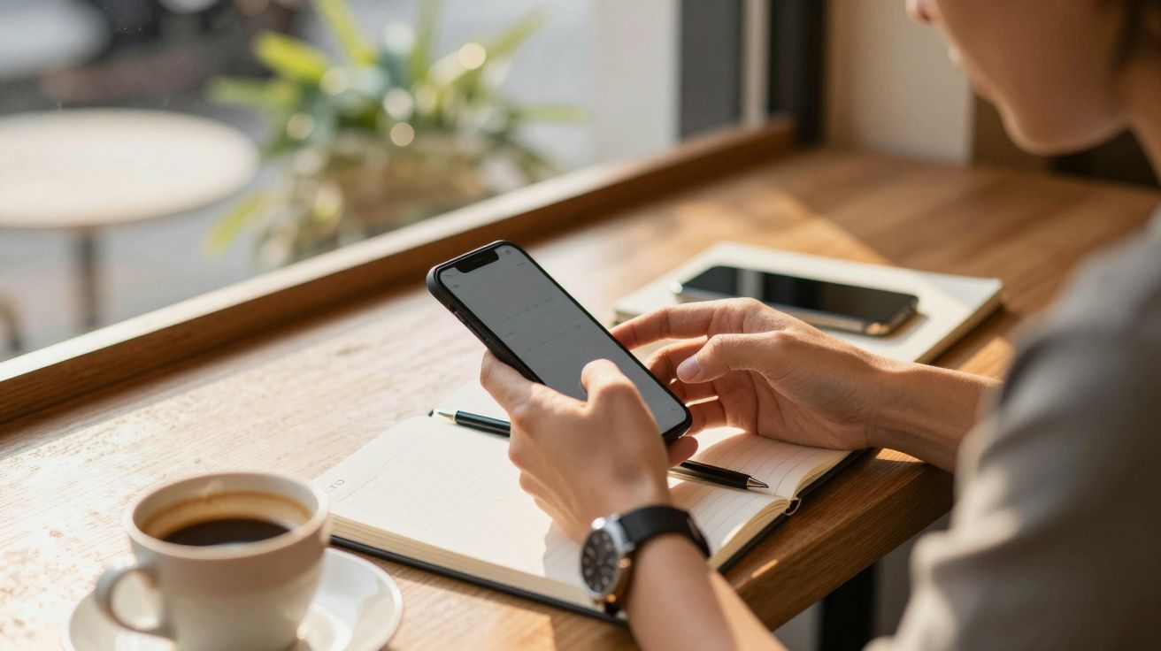 Persona usando un móvil junto a una libreta y taza de café en una mesa de madera cerca de una ventana.