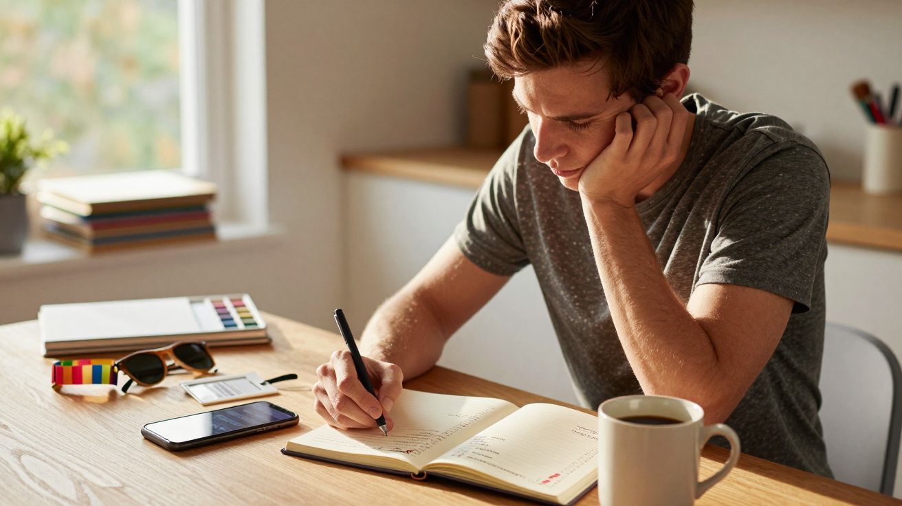Joven escribiendo en un cuaderno en un escritorio, con móvil y taza de café junto a material de papelería.