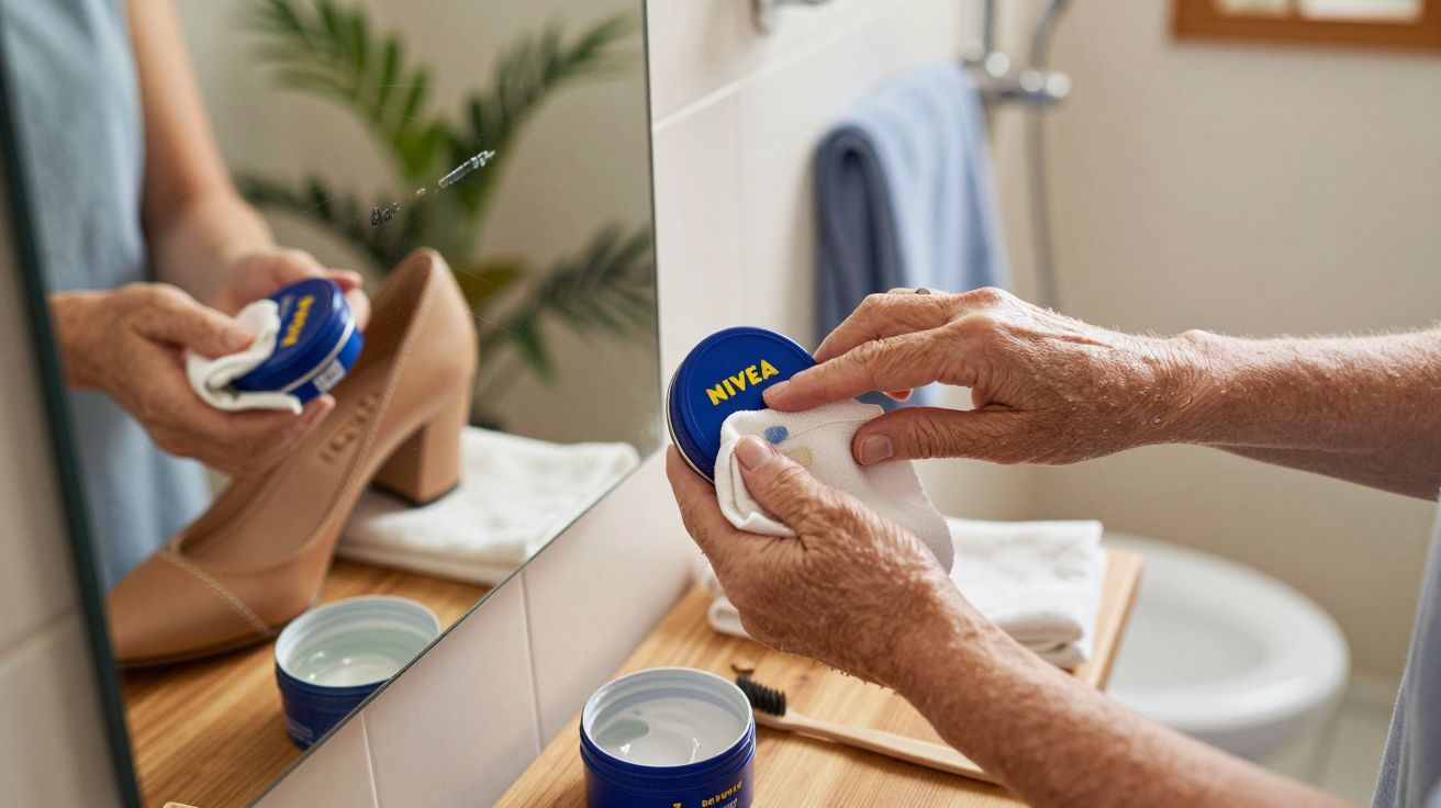 Manos aplicando crema Nivea a un zapato de tacón frente al espejo del baño.