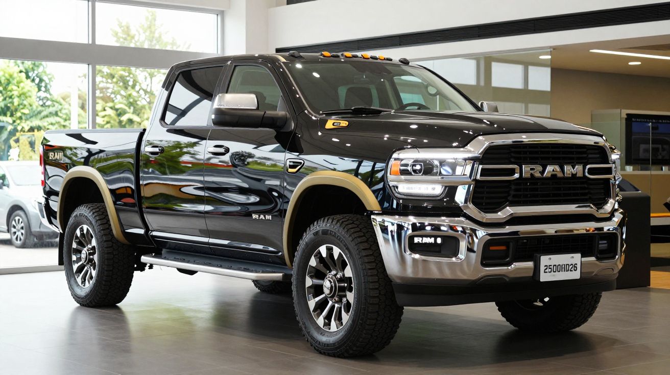 Camioneta negra RAM en un concesionario, vista de perfil frontal, con grandes ruedas y detalles cromados.