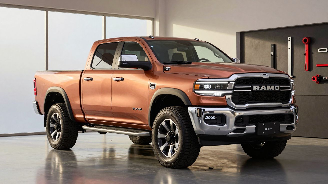 Camioneta pickup de color cobrizo estacionada en un garaje moderno con herramientas en la pared.