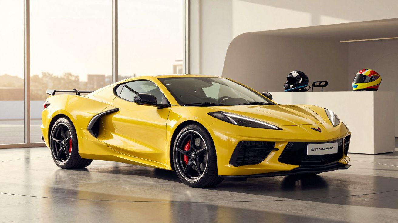 Coche deportivo amarillo en exposición interior, con cascos de carreras sobre una mesa en el fondo.
