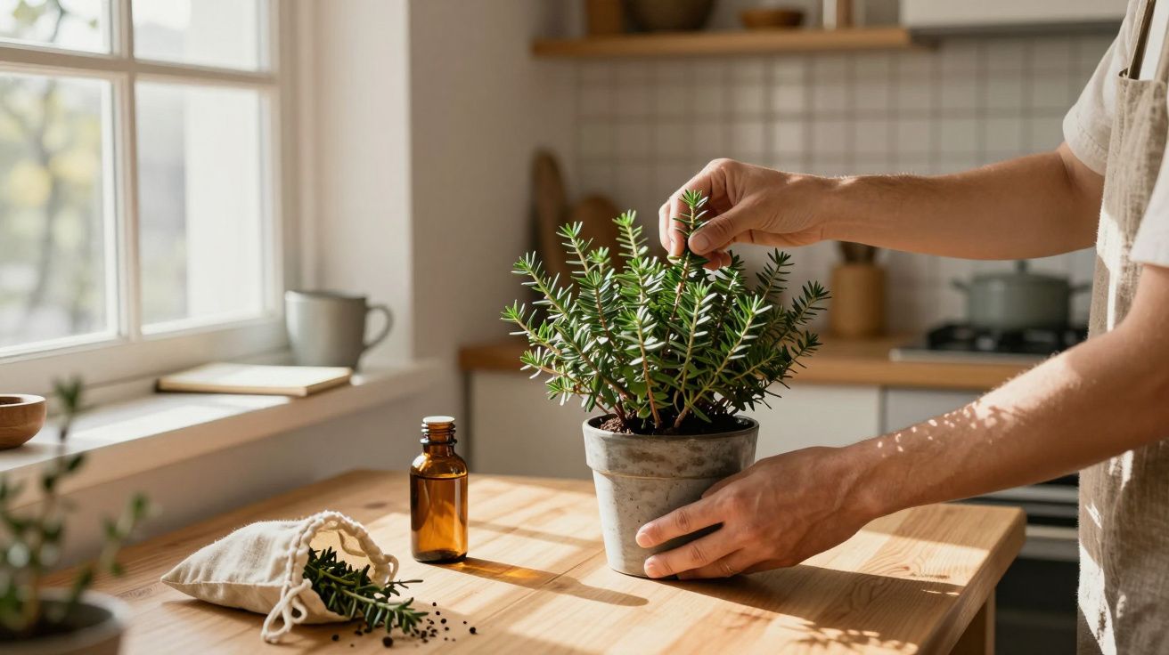 Persona cuidando planta de romero en maceta sobre mesa de cocina iluminada, con frasco ámbar y ventana al fondo.