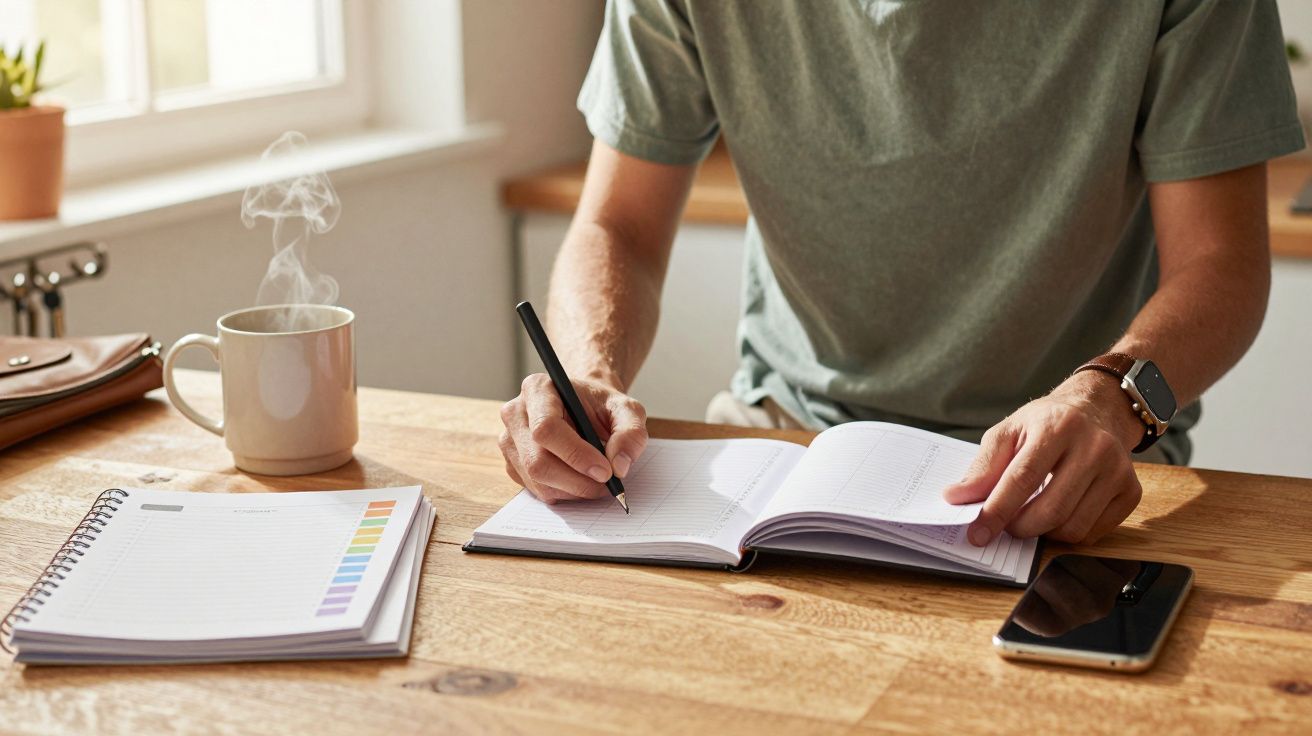 Persona escribiendo en un cuaderno sobre una mesa de madera, con una taza de café humeante y un móvil al lado.