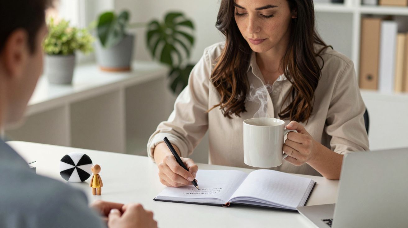 Mujer tomando notas en un cuaderno mientras sostiene una taza, sentada frente a otra persona en una oficina.