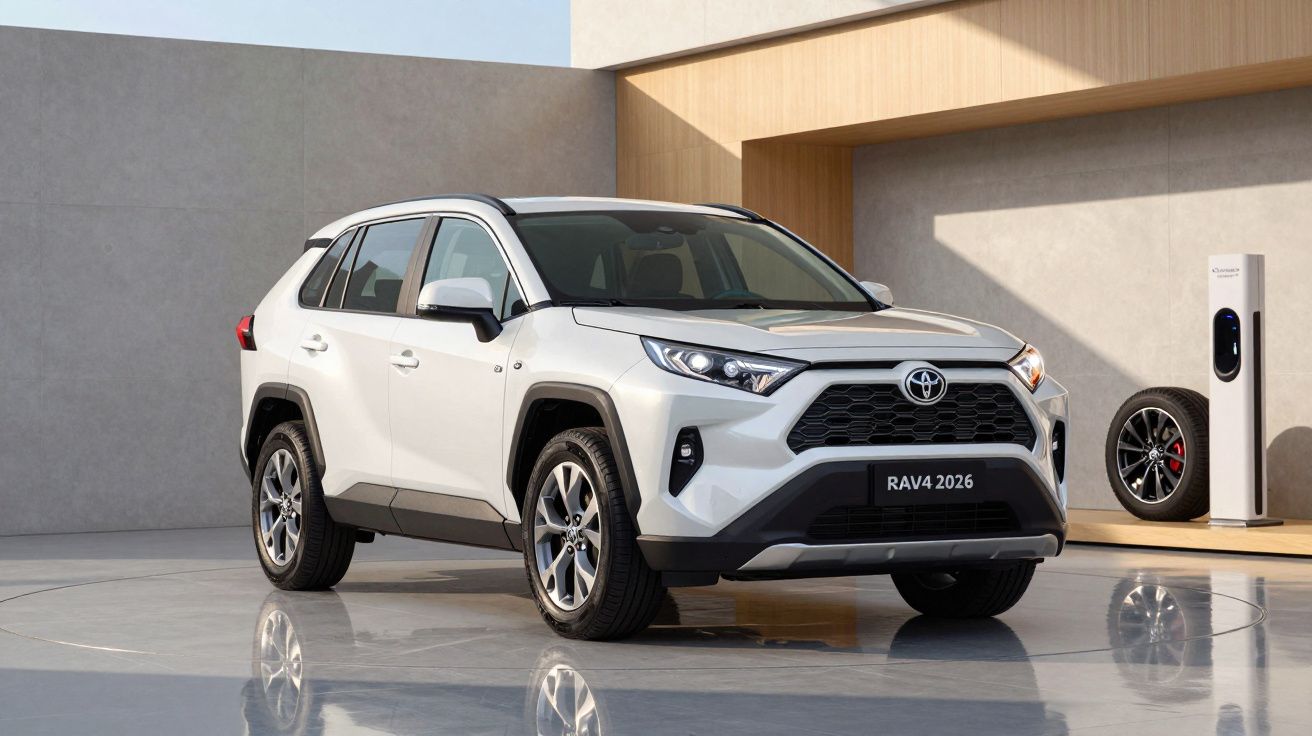 SUV blanco estacionado en un garaje moderno, con sombras y una llanta de repuesto visible.