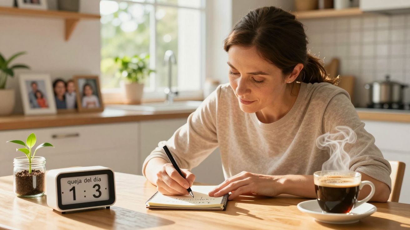Mujer escribiendo en un cuaderno en una cocina luminosa, con café humeante y un reloj que muestra "queja del día 1:3".