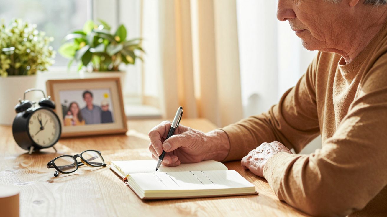 Persona mayor escribiendo en un cuaderno en una mesa de madera junto a un reloj, gafas y plantas.