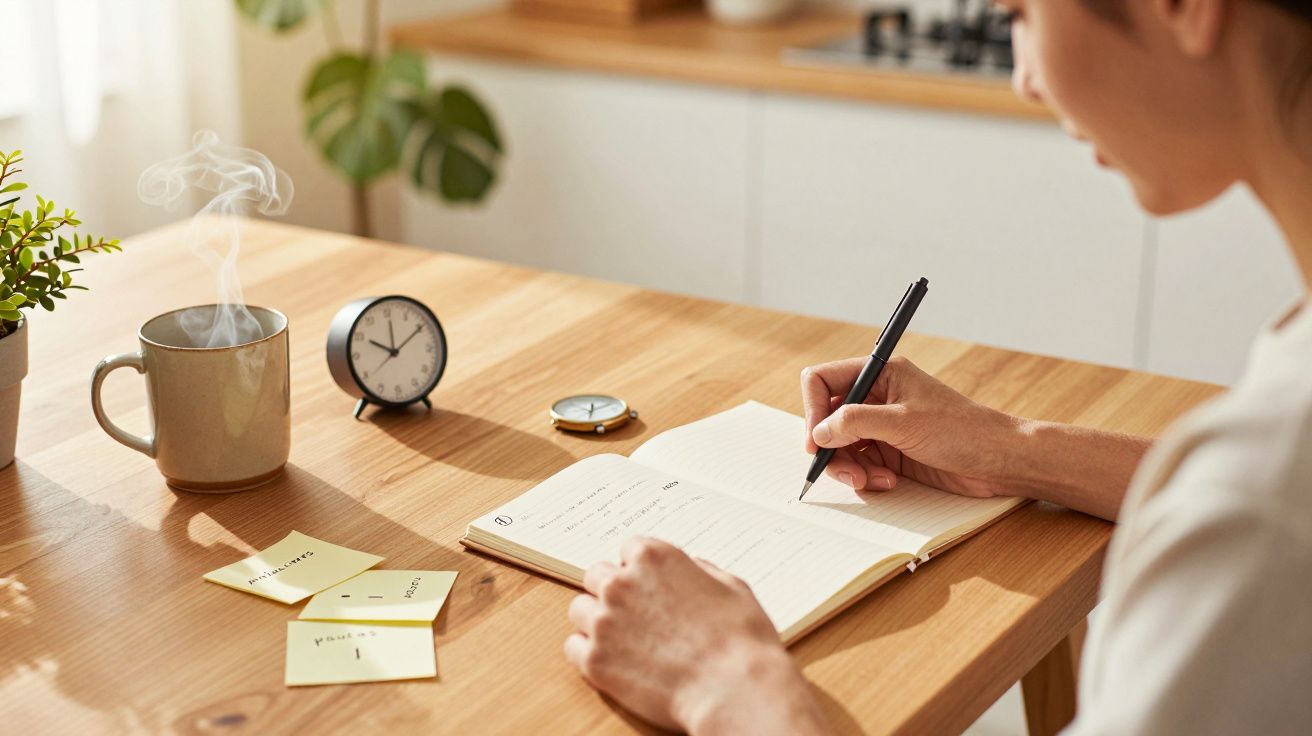 Persona escribiendo en un cuaderno en una mesa de madera, con una taza humeante, un reloj y notas adhesivas amarillas.