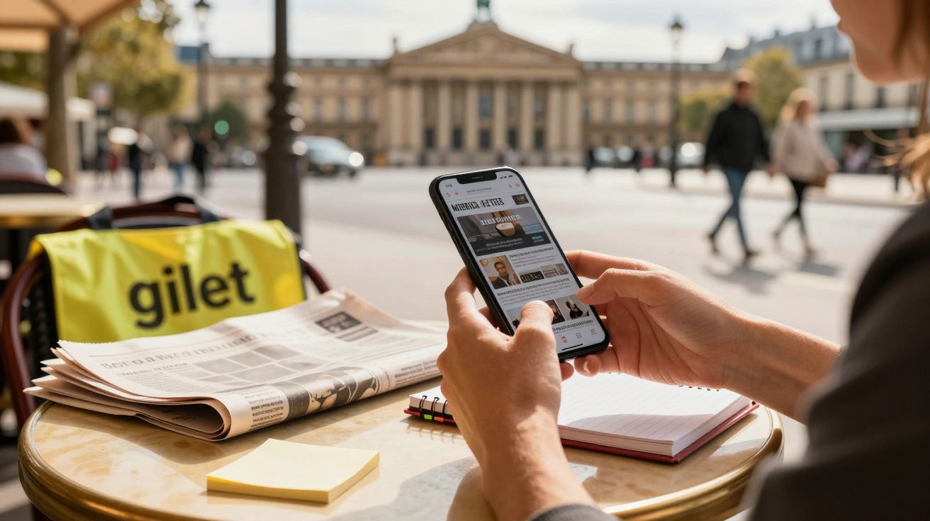 Persona usando un móvil en una terraza con un periódico y un cuaderno. Edificio clásico al fondo.